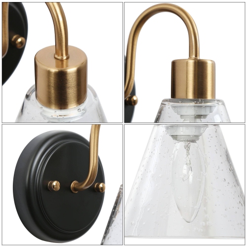 Gold Bathroom Vanity Wall Sconce, 5-in W 1-Light Matte Black and Brass Gold with Seeded Glass Shade Modern/Contemporary LED Wall Sconce