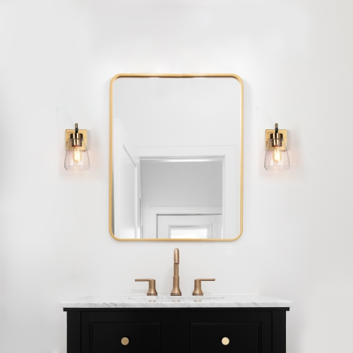 Black and Gold Bathroom Wall Lighting, 5-in W 1-Light Matte Black and Brass Gold Modern/Contemporary LED Wall Sconce