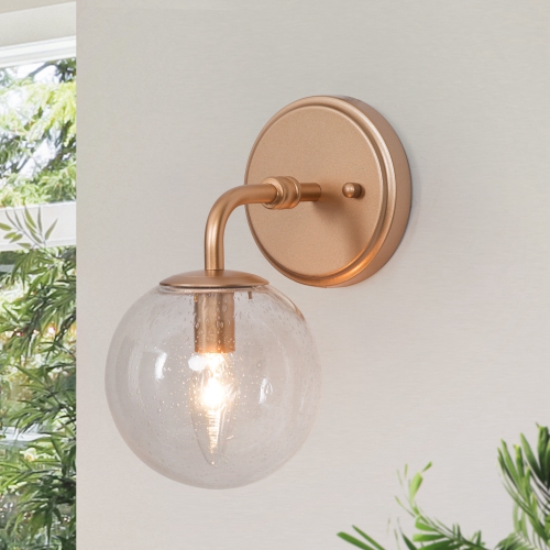 Modern Brass Gold Bedroom Wall Light, 5.5-in W 1-Light Satin Gold with Seeded Globe Modern/Contemporary LED Wall Sconce
