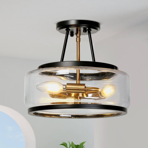 Black Kitchen Semi-flush Mount Ceiling Light, 3-Light 11.8-in Black with Clear Bowl Glass LED Semi-Flush mount light