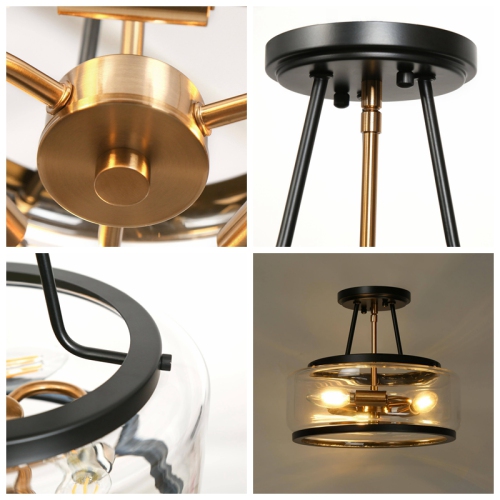 Black Kitchen Semi-flush Mount Ceiling Light, 3-Light 11.8-in Black with Clear Bowl Glass LED Semi-Flush mount light