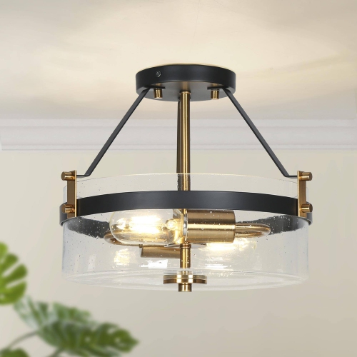 UOLFIN  Matte And Brass Gold Ceiling Light, 2-Light 12.5-In Matte And Gold With Drum Glass Shape Led Semi-Flush Mount Light In Black