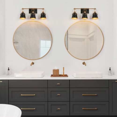 Modern Black and Gold Bathroom Vanity Light, 21.7-in 3-Light Black and Brass Gold with Metal Cone Shade LED Modern/Contemporary Vanity Light