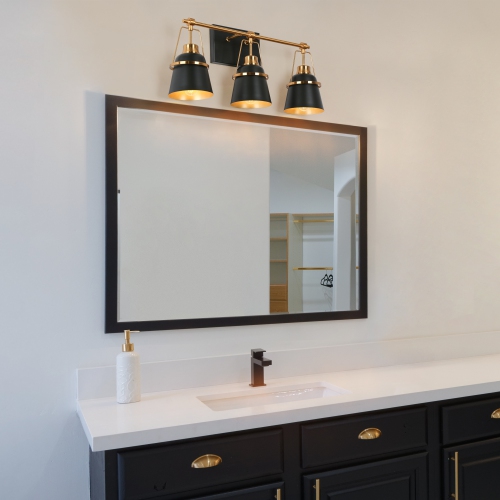 Modern Black and Gold Bathroom Vanity Light, 21.7-in 3-Light Black and Brass Gold with Metal Cone Shade LED Modern/Contemporary Vanity Light