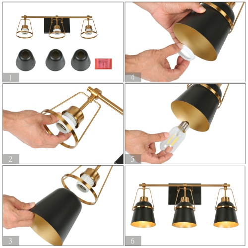 Modern Black and Gold Bathroom Vanity Light, 21.7-in 3-Light Black and Brass Gold with Metal Cone Shade LED Modern/Contemporary Vanity Light