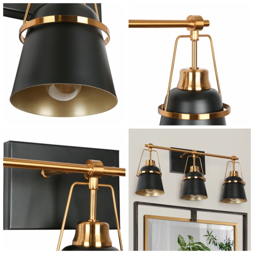 Modern Black and Gold Bathroom Vanity Light, 21.7-in 3-Light Black and Brass Gold with Metal Cone Shade LED Modern/Contemporary Vanity Light