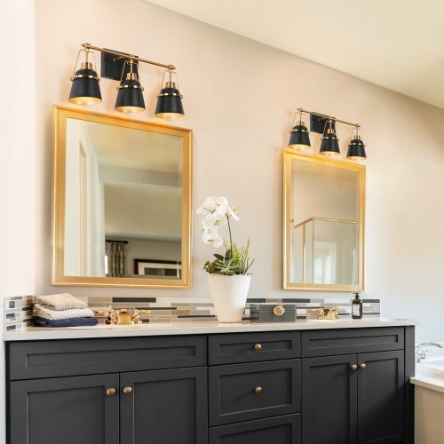 Modern Black and Gold Bathroom Vanity Light, 21.7-in 3-Light Black and Brass Gold with Metal Cone Shade LED Modern/Contemporary Vanity Light