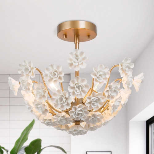 UOLFIN  Modern Brass Ceiling Light, Olivia 3-Light With Handcrafted Ceramic Flower Mid-Century Dry Rated Semi-Flush Mount Ceiling Light In Gold