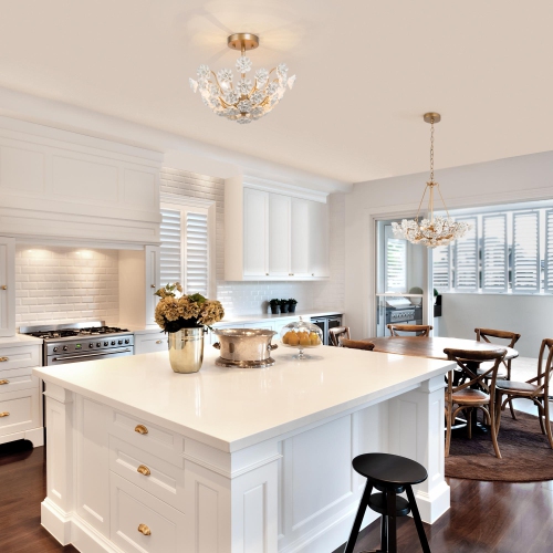 Modern Brass Gold Ceiling Light, Olivia 3-Light Gold with Handcrafted Ceramic Flower Mid-century Dry rated Semi-flush Mount Ceiling Light