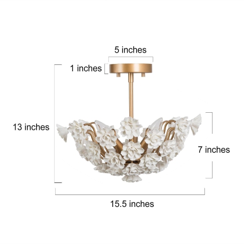 Modern Brass Gold Ceiling Light, Olivia 3-Light Gold with Handcrafted Ceramic Flower Mid-century Dry rated Semi-flush Mount Ceiling Light