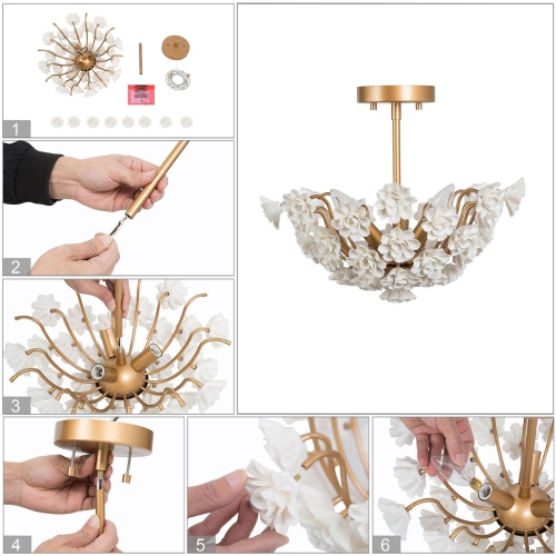 Modern Brass Gold Ceiling Light, Olivia 3-Light Gold with Handcrafted Ceramic Flower Mid-century Dry rated Semi-flush Mount Ceiling Light