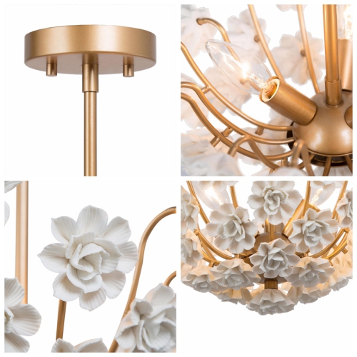Modern Brass Gold Ceiling Light, Olivia 3-Light Gold with Handcrafted Ceramic Flower Mid-century Dry rated Semi-flush Mount Ceiling Light