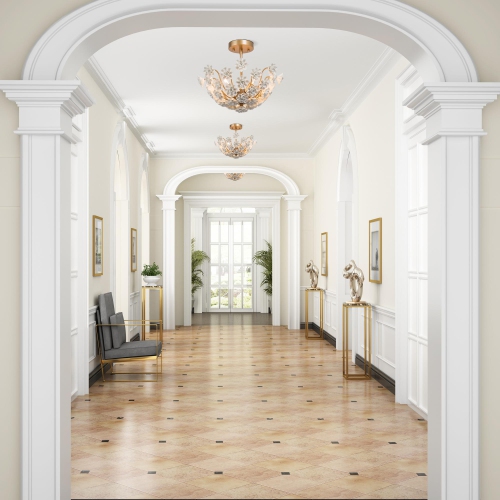 Modern Brass Gold Ceiling Light, Olivia 3-Light Gold with Handcrafted Ceramic Flower Mid-century Dry rated Semi-flush Mount Ceiling Light