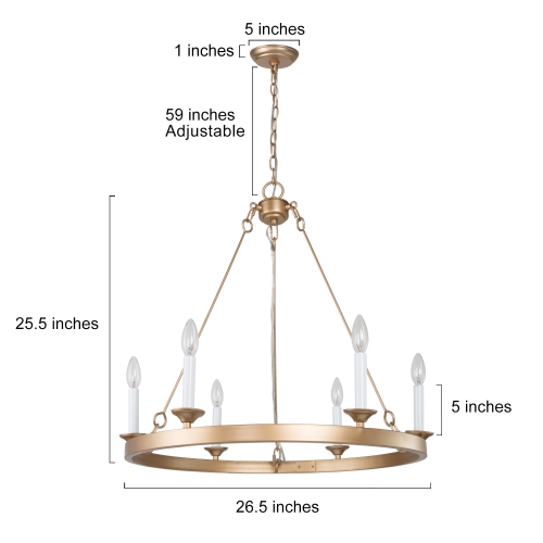 Modern Gold Dining Room Chandelier, 6-Light Farmhouse Brass Wagon Wheel Bedroom Chandelier with White Candlestick Lights