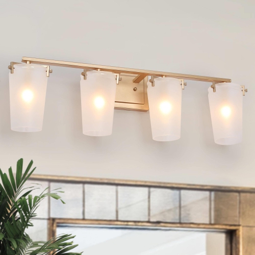 Modern Farmhouse Bathroom Vanity Light 4-Light Gold Wall Sconces with Bell Frosted Glass Shades