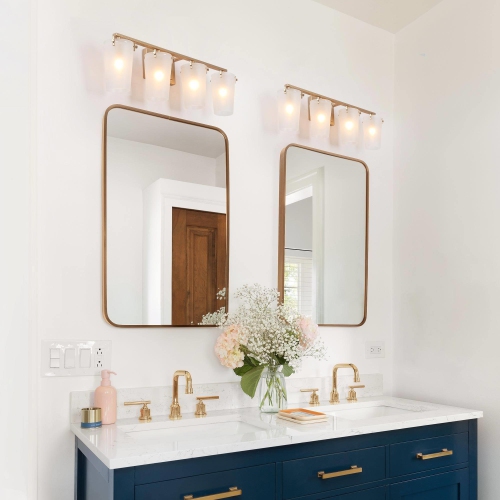 Modern Farmhouse Bathroom Vanity Light 4-Light Gold Wall Sconces with Bell Frosted Glass Shades