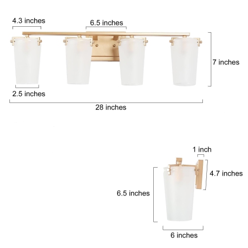 Modern Farmhouse Bathroom Vanity Light 4-Light Gold Wall Sconces with Bell Frosted Glass Shades