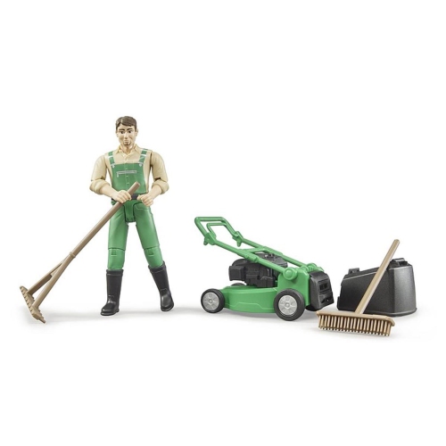 Gardener with Lawn Mower and Equipment bworld