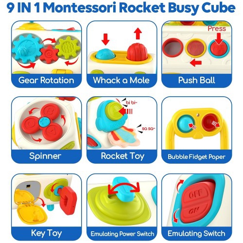 Busy Cube, 9-in-1 Activity Cube Education Sensory Learning Toy for Baby, Toddler, 18 Months and Up