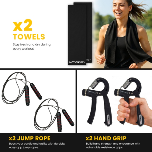 Haltères réglables de MotionGrey de 5 à 52,5 lb, poignée haute résistance incluse et corde à sauter, 15 haltères, poignée antidérapante en métal pour