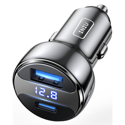 INIU 66W Total Car Charger USB-C USB-A Dual Fast Charging with Digital Voltage Display for iPhone, iPad, Samsung and more - Black