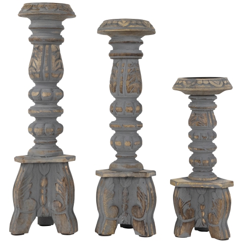 NORTHLIGHT  Set Of 3 Brushed Tripod Wooden Pillar Candle Holders 18" In Gray