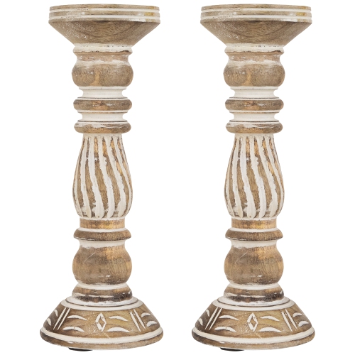NORTHLIGHT  Set Of 2 Etched Antique Style Pillar Candle Holders 12" In Brown