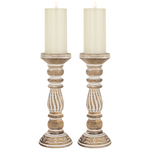 Set of 2 Brown Etched Antique Style Pillar Candle Holders 12"