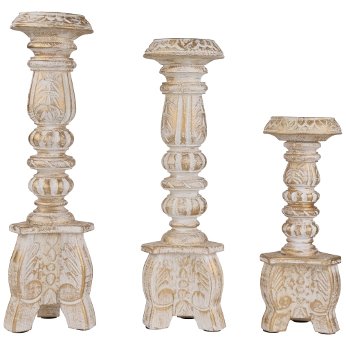 NORTHLIGHT  Brushed Tripod Wooden Pillar Candle Holders - 10" - Gold And - Set Of 3 In White