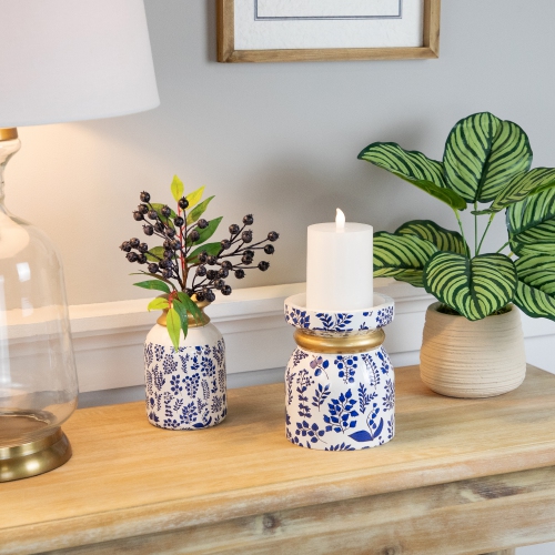 Floral Wooden Candle Holder - 6" - White and Blue