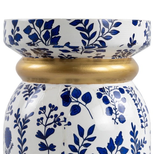 Floral Wooden Candle Holder - 6" - White and Blue