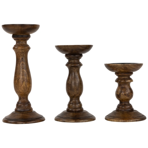 NORTHLIGHT  Natural Dark Wooden Pillar Candle Holders - 10" - Set Of 3