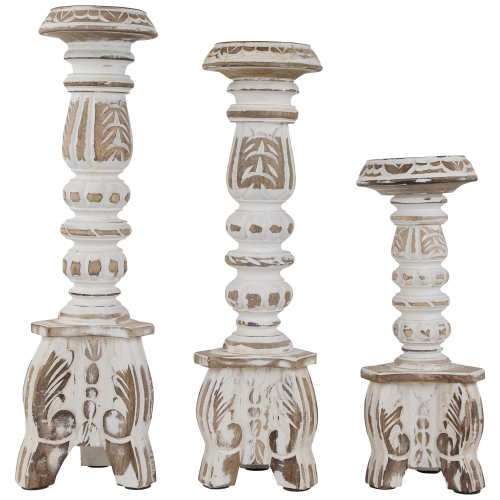 NORTHLIGHT  Set Of 3 Brushed Tripod Wooden Pillar Candle Holders 18" In White