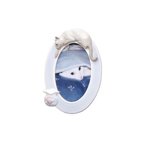 Cat and Fish Bowl Porcelain Oval Picture Frame - for 4" x 6" Photo