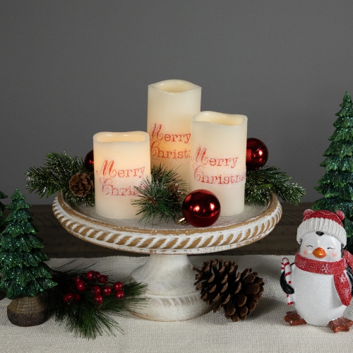 LED Flameless Frosted "Merry Christmas" Wax Pillar Candles - 6" - Set of 3