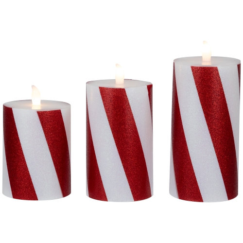 LED Flameless Flickering Candy Cane Wax Pillar Christmas Candles - 6" - Set of 3