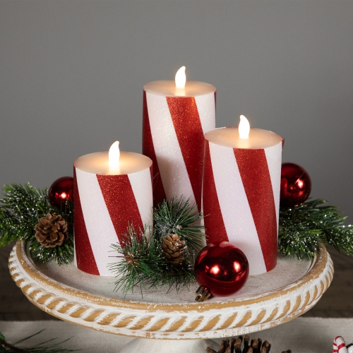 LED Flameless Flickering Candy Cane Wax Pillar Christmas Candles - 6" - Set of 3