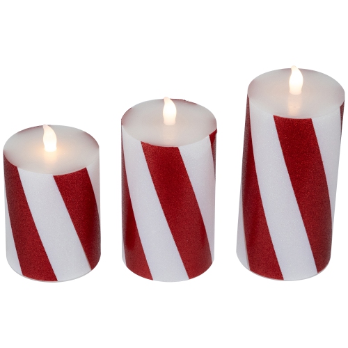 LED Flameless Flickering Candy Cane Wax Pillar Christmas Candles - 6" - Set of 3