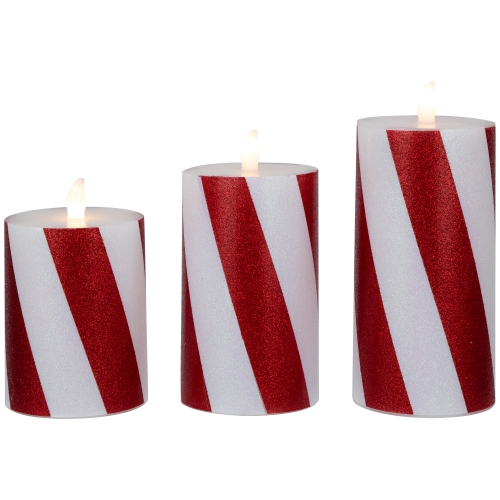 LED Flameless Flickering Candy Cane Wax Pillar Christmas Candles - 6" - Set of 3