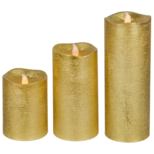 LED Brushed Flameless Christmas Pillar Candles - 8" - Gold Finish - Set of 3