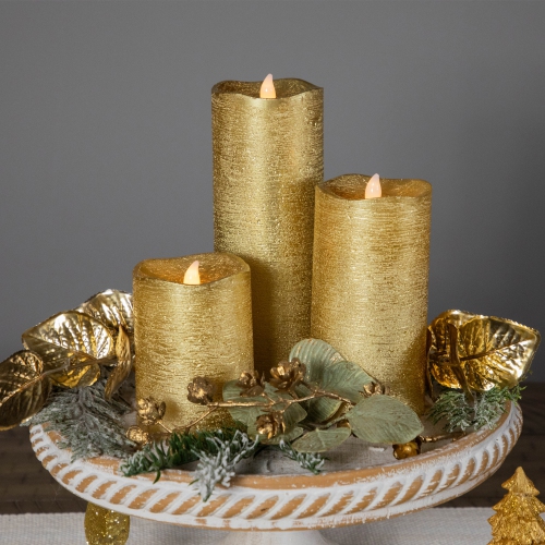 LED Brushed Flameless Christmas Pillar Candles - 8" - Gold Finish - Set of 3