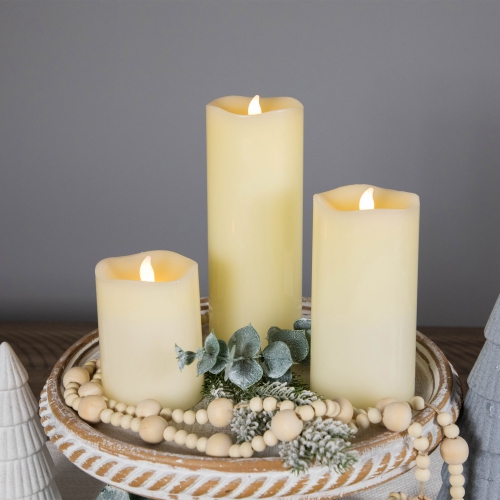 LED Flickering Flameless Wax Pillar Candles - 8" - Cream - Set of 3