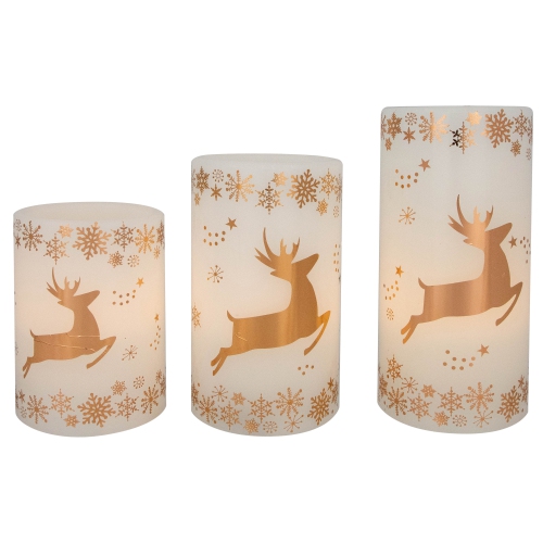 NORTHLIGHT  Led Reindeer Flameless Flickering Wax Pillar Christmas Candles - 6" - Set Of 3
