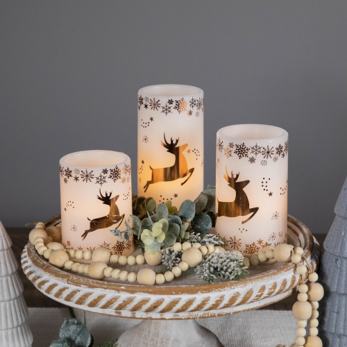 LED Reindeer Flameless Flickering Wax Pillar Christmas Candles - 6" - Set of 3