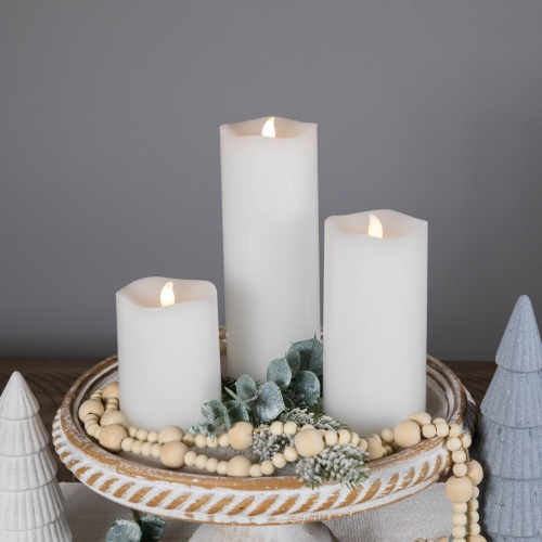 LED Flickering Flameless Wax Pillar Candles - 8" - White - Set of 3