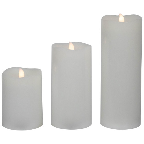 LED Flickering Flameless Wax Pillar Candles - 8" - White - Set of 3