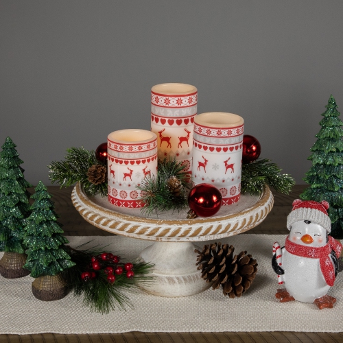 LED Flameless Flickering Nordic Reindeer Wax Pillar Christmas Candles - 6" - Set of 3