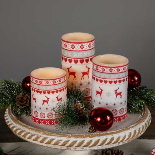 LED Flameless Flickering Nordic Reindeer Wax Pillar Christmas Candles - 6" - Set of 3