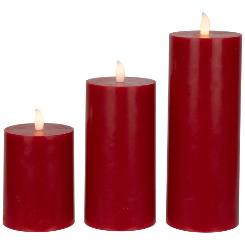 NORTHLIGHT  Led Flameless Flickering Wax Pillar Candles - 8" - - Set Of 3 In Red