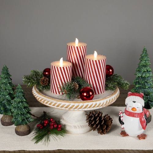 LED Flickering Flameless Candy Cane Striped Christmas Wax Pillar Candles - 6" - Set of 3